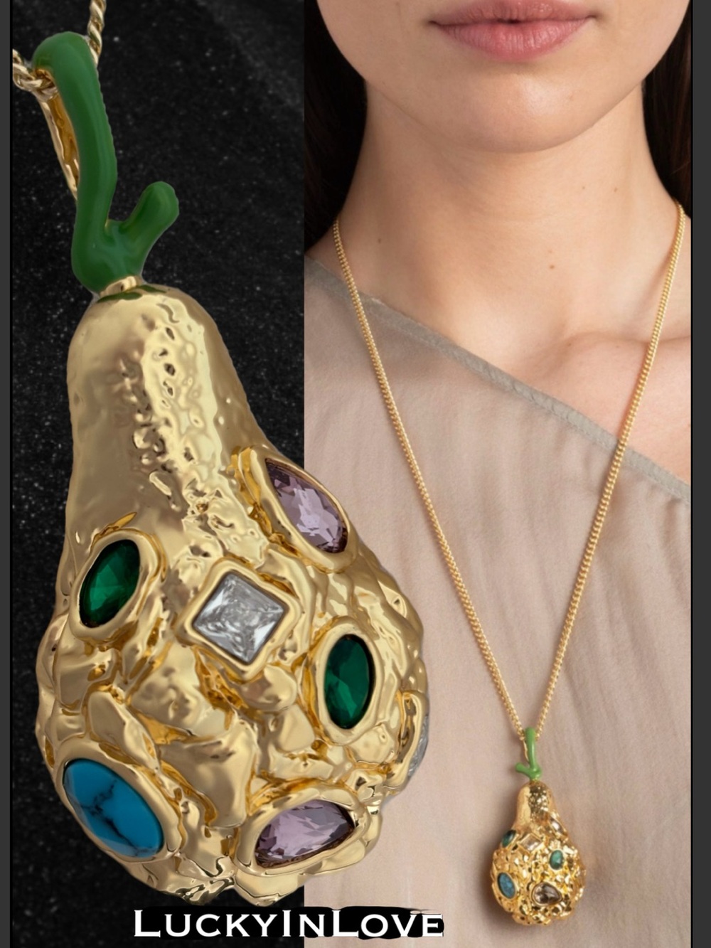 ALEXIS BITTAR • Brut Gold Jewel Studded Pear Pendant Necklace